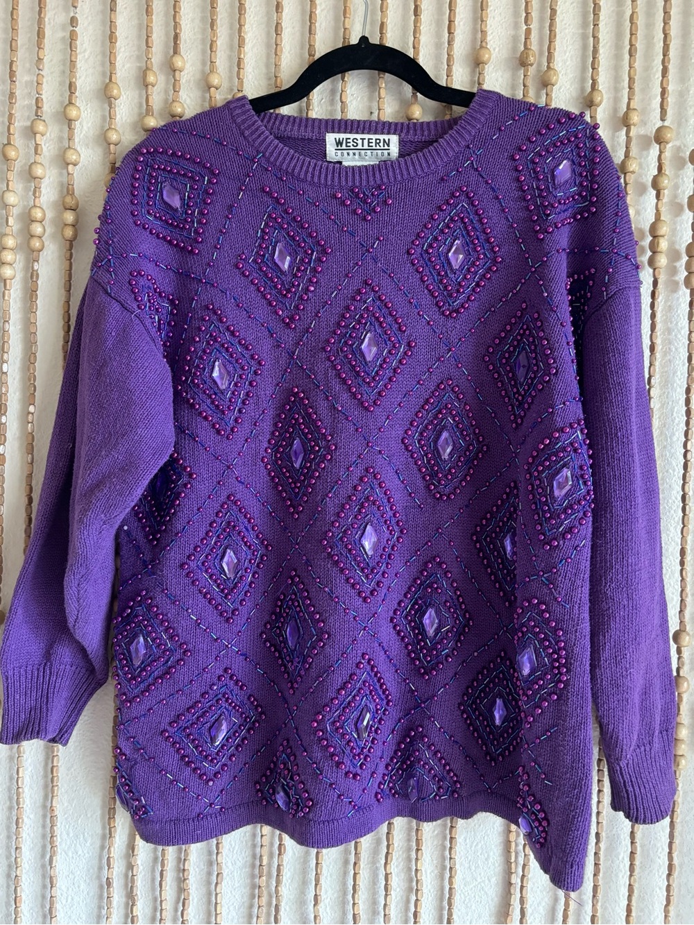Vintage 80s Purple Pink Dopamine Dressing Beaded Long Sleeve Boho Knit Sweater